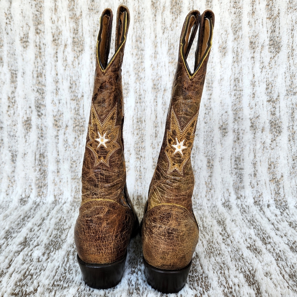 J.B. Dillon Distressed Leather Western Cowboy Boots Tan Floral | Women's Size 5B - Picture 5 of 12